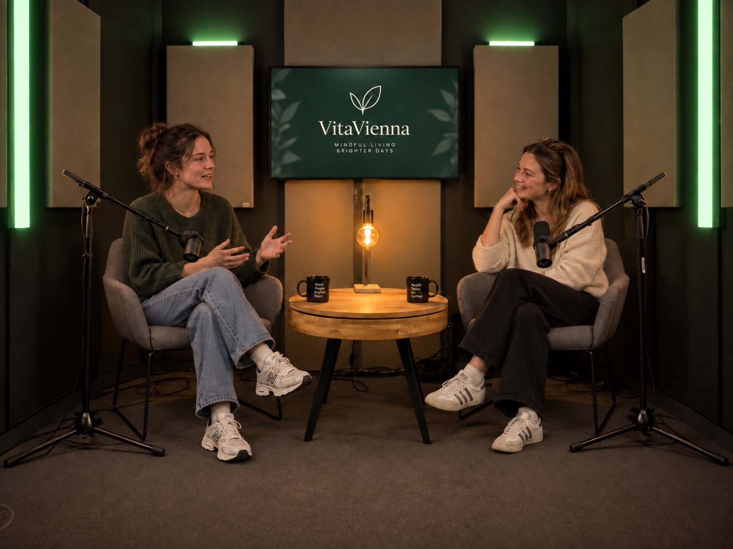 Zwei Frauen im Gespräch im Lounge-Set des Studios, auf Sesseln mit Mikrofonständern, dazwischen ein runder Holztisch mit Tischlampe, dahinter ein Bildschirm mit dem Logo des Podcasts